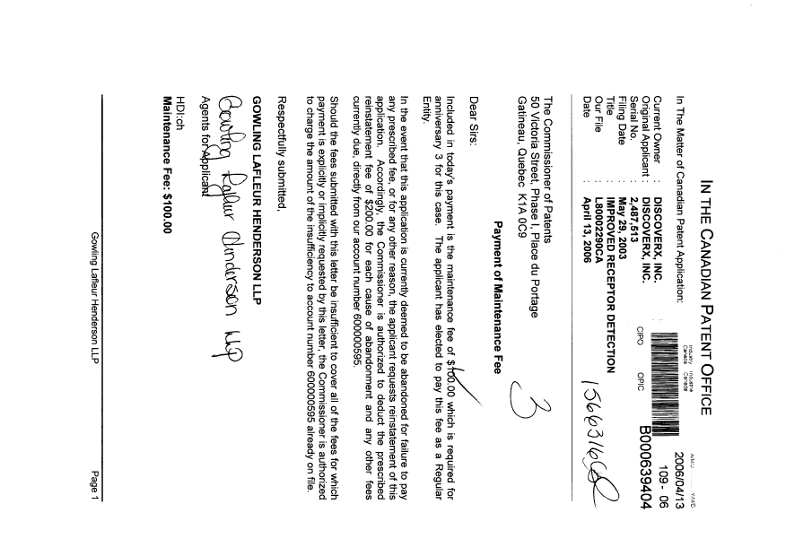 Document de brevet canadien 2487513. Taxes 20060413. Image 1 de 1