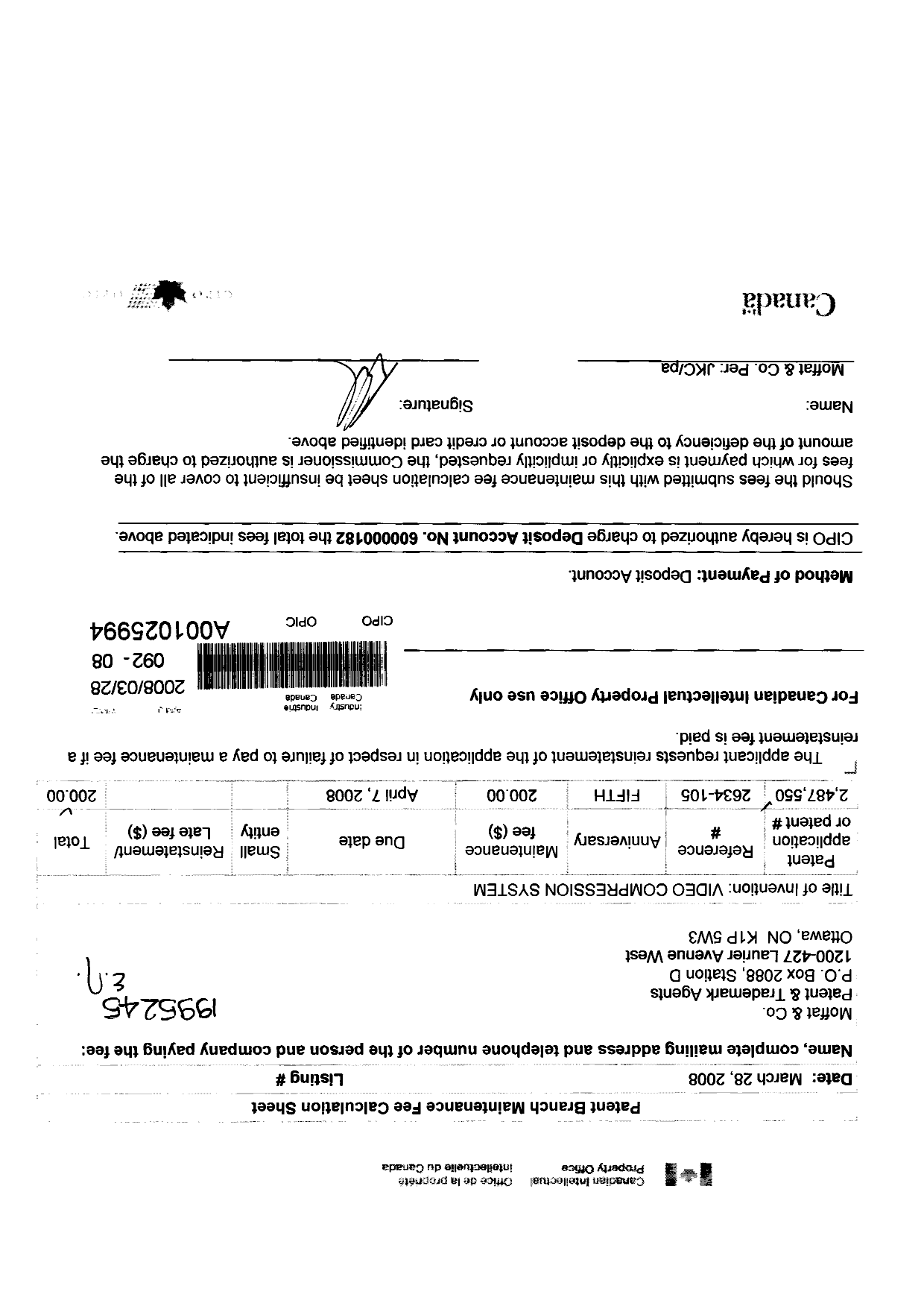 Document de brevet canadien 2487550. Taxes 20071228. Image 1 de 1