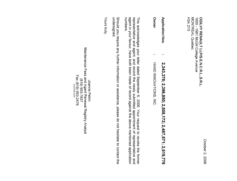 Document de brevet canadien 2487571. Correspondance 20061002. Image 1 de 1