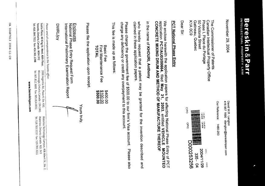 Document de brevet canadien 2487613. Cession 20041129. Image 1 de 3