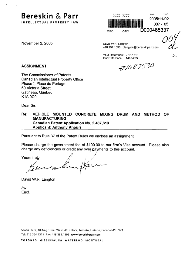 Canadian Patent Document 2487613. Assignment 20051102. Image 1 of 2