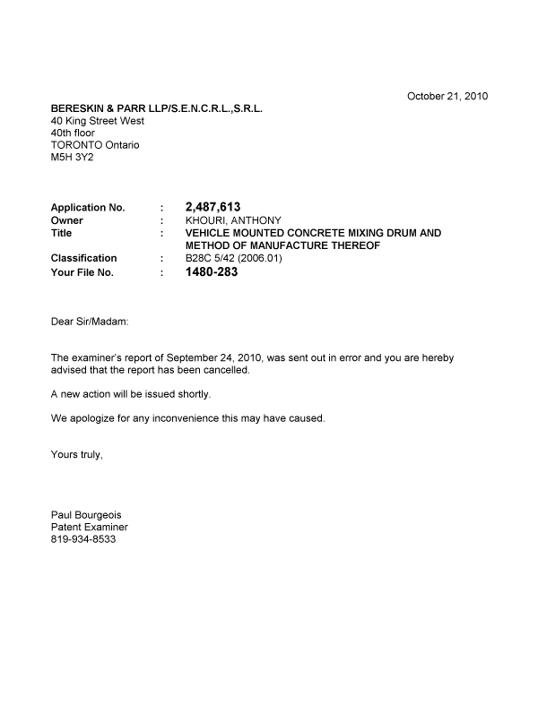 Document de brevet canadien 2487613. Correspondance 20101021. Image 1 de 1