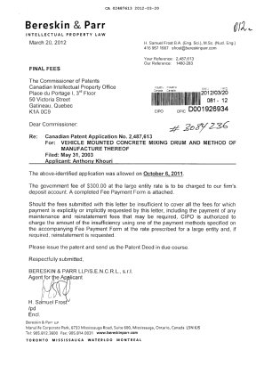 Document de brevet canadien 2487613. Correspondance 20120320. Image 1 de 1