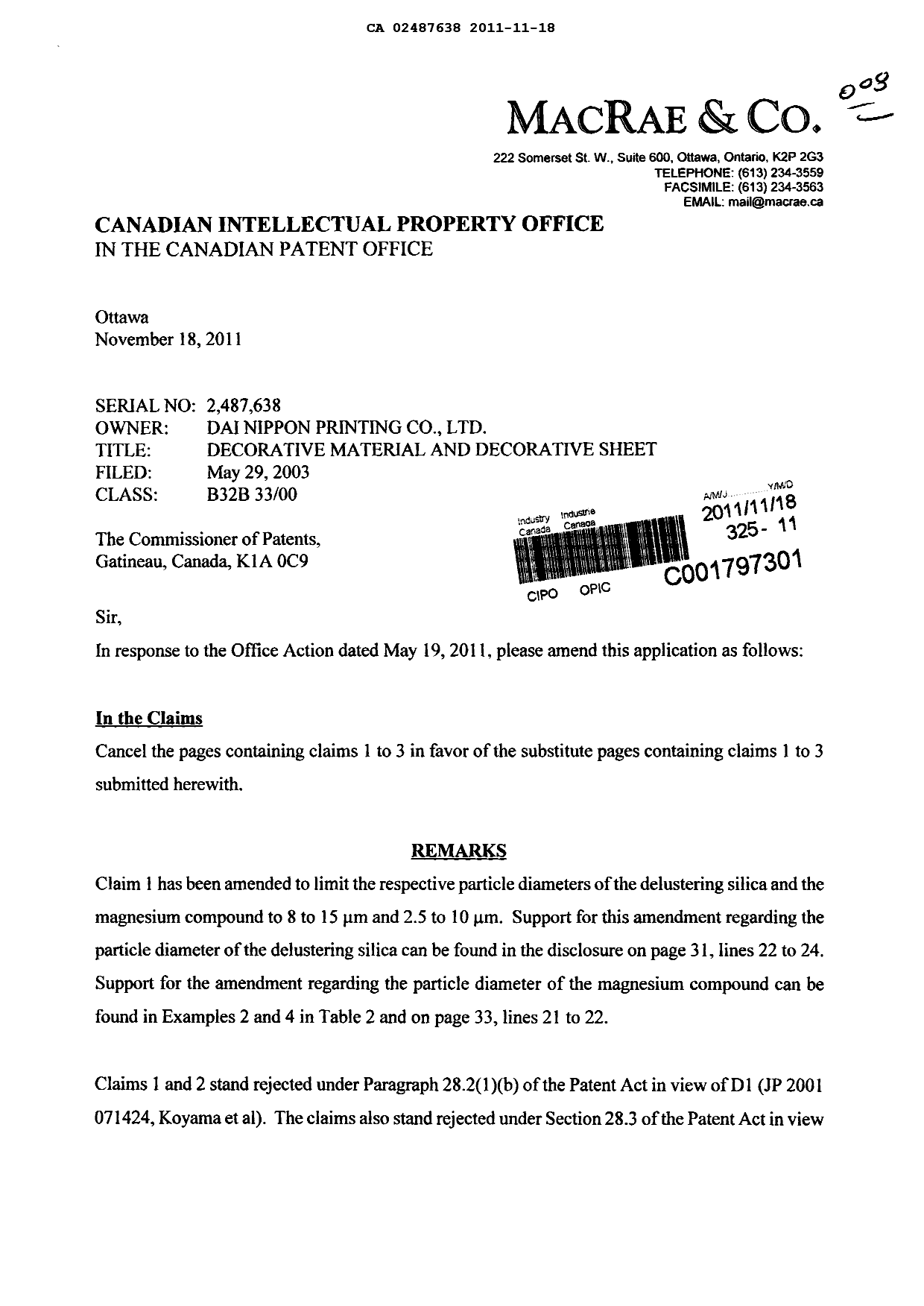 Canadian Patent Document 2487638. Prosecution-Amendment 20111118. Image 1 of 4