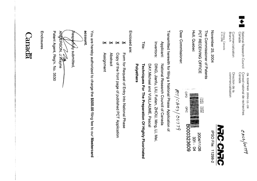 Document de brevet canadien 2487649. Cession 20041126. Image 1 de 9