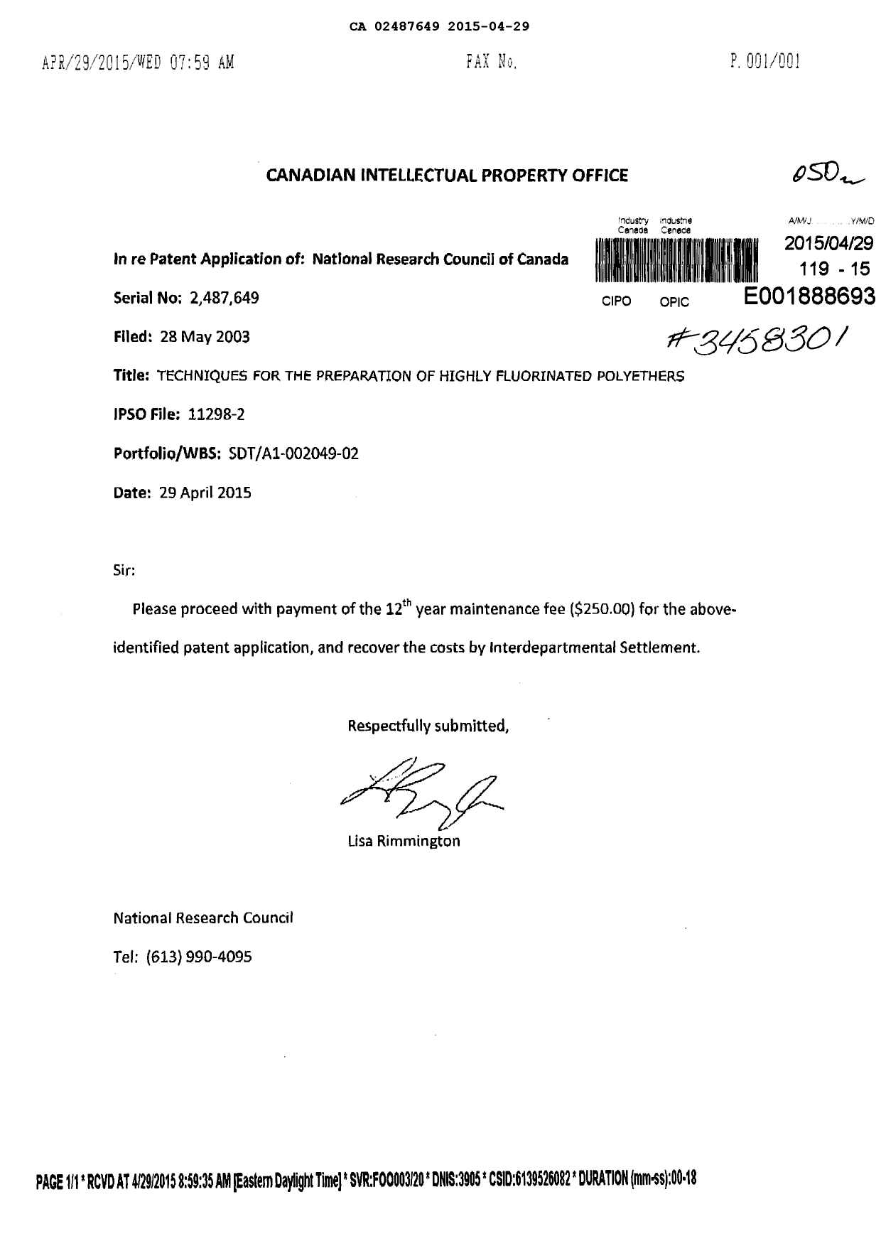 Document de brevet canadien 2487649. Taxes 20150429. Image 1 de 1