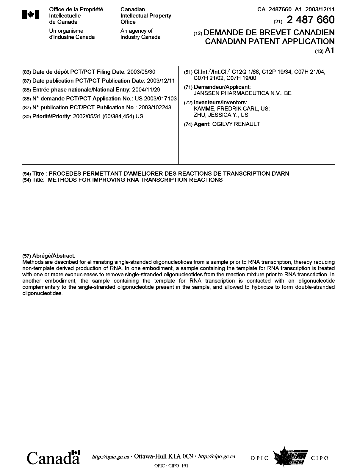Document de brevet canadien 2487660. Page couverture 20050204. Image 1 de 1