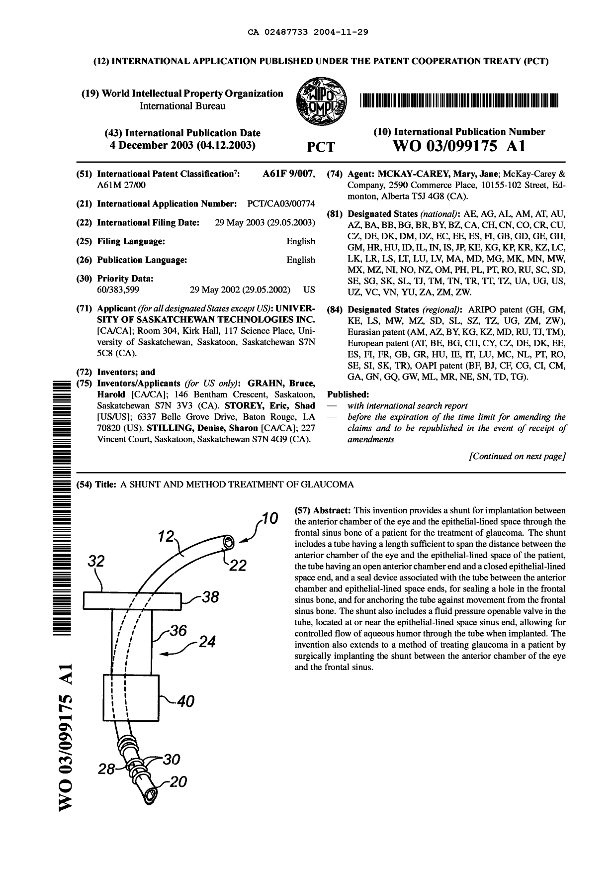 Document de brevet canadien 2487733. Abrégé 20041129. Image 1 de 2