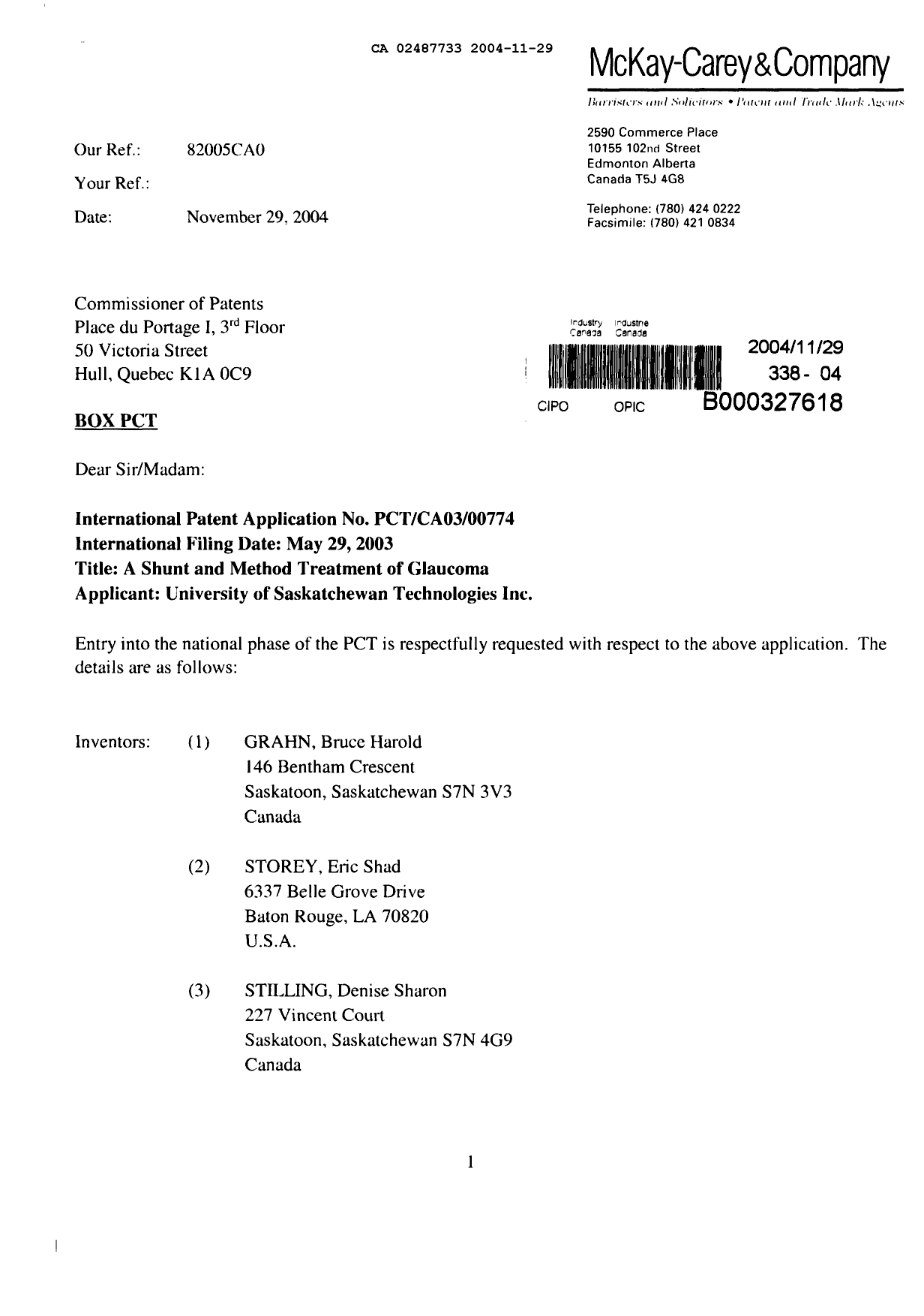 Document de brevet canadien 2487733. Cession 20041129. Image 1 de 9