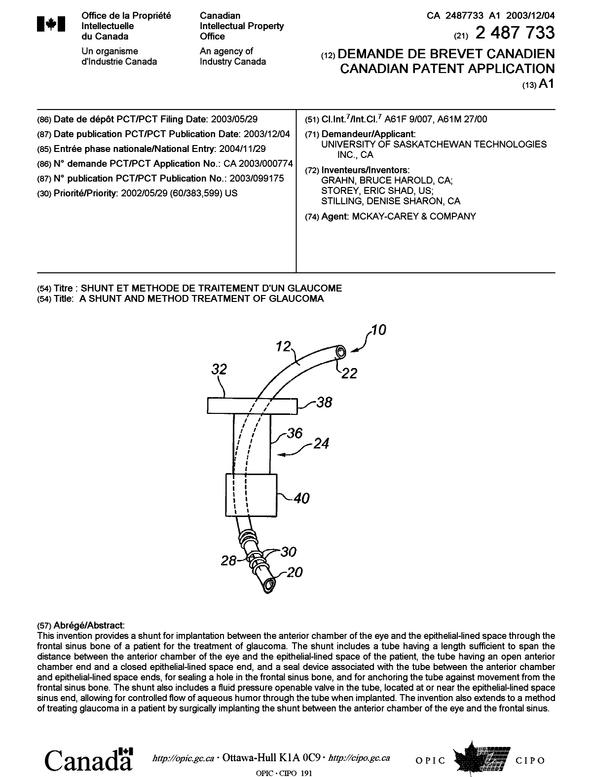 Document de brevet canadien 2487733. Page couverture 20050209. Image 1 de 1