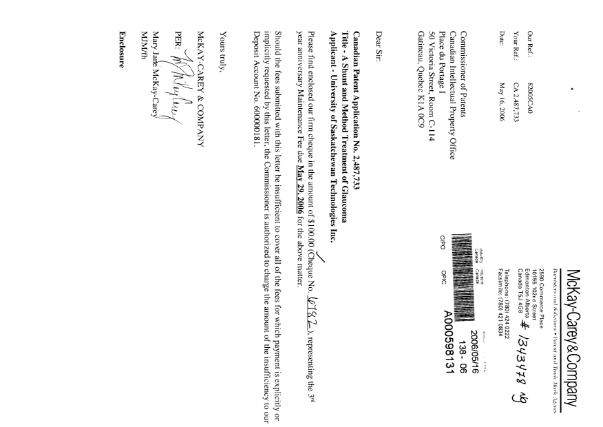 Document de brevet canadien 2487733. Taxes 20060516. Image 1 de 1