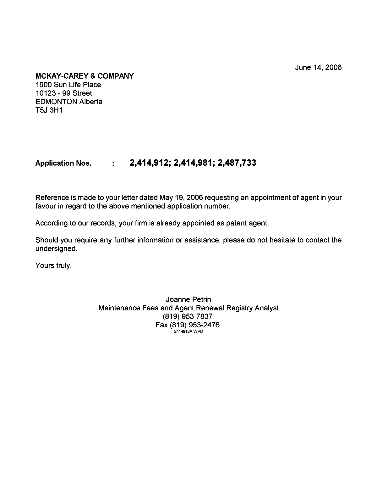 Document de brevet canadien 2487733. Correspondance 20060614. Image 1 de 1