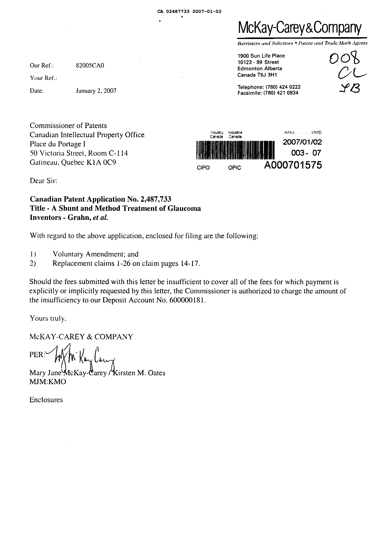 Document de brevet canadien 2487733. Poursuite-Amendment 20070102. Image 1 de 8