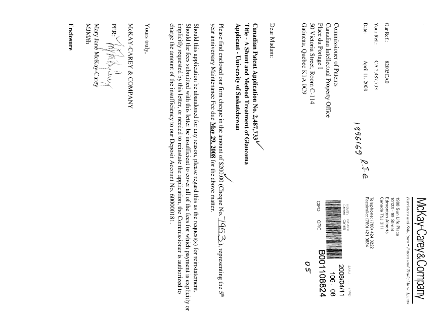 Document de brevet canadien 2487733. Taxes 20080411. Image 1 de 1