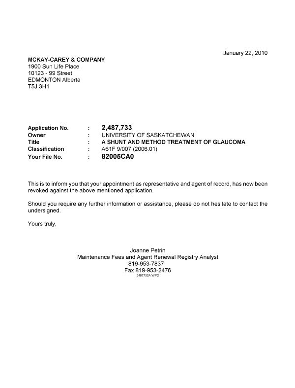 Canadian Patent Document 2487733. Correspondence 20100122. Image 1 of 1
