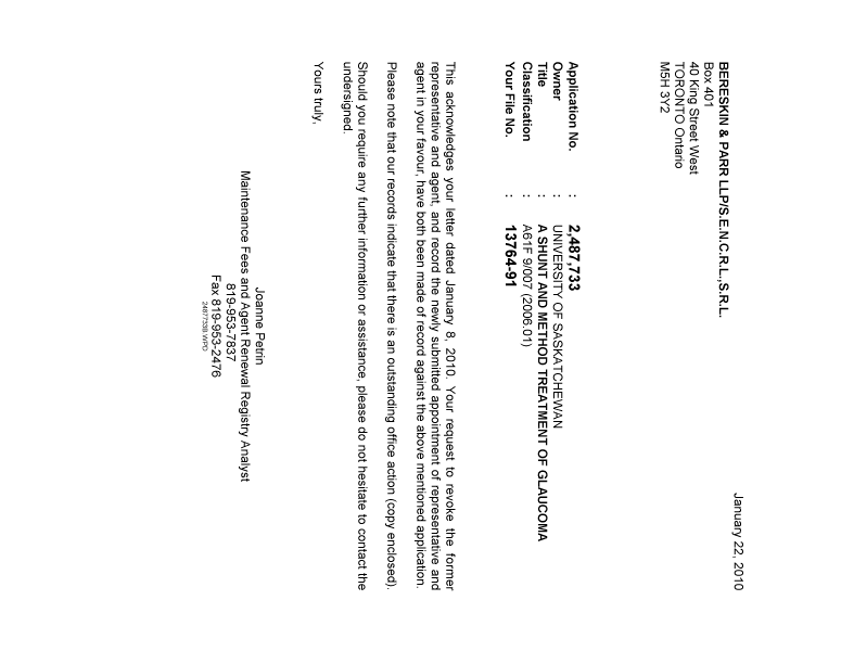 Document de brevet canadien 2487733. Correspondance 20100122. Image 1 de 1