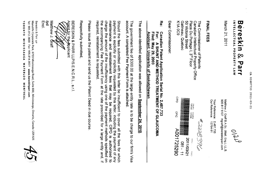 Document de brevet canadien 2487733. Correspondance 20110321. Image 1 de 1