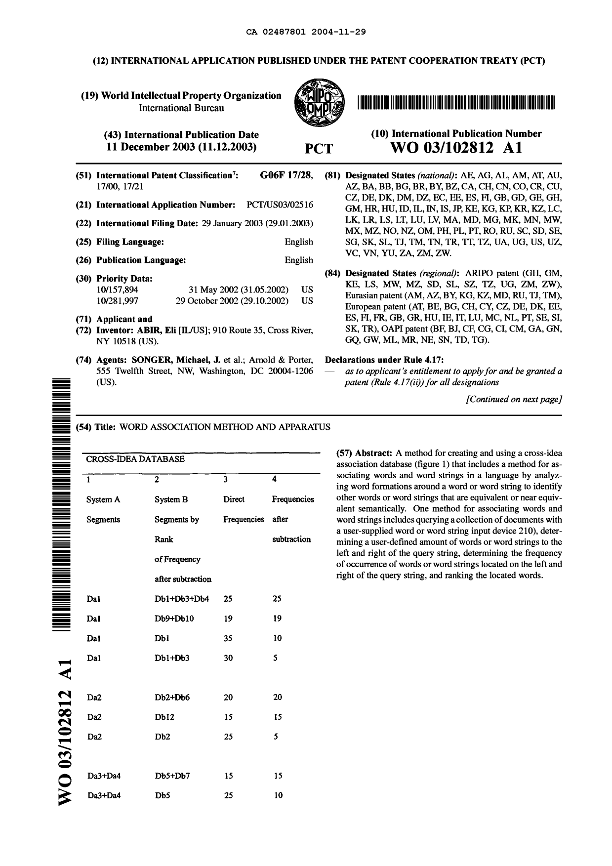 Document de brevet canadien 2487801. Abrégé 20041129. Image 1 de 2