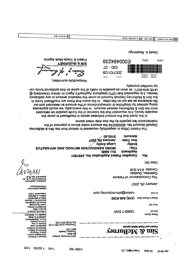 Canadian Patent Document 2487801. Fees 20070129. Image 1 of 2