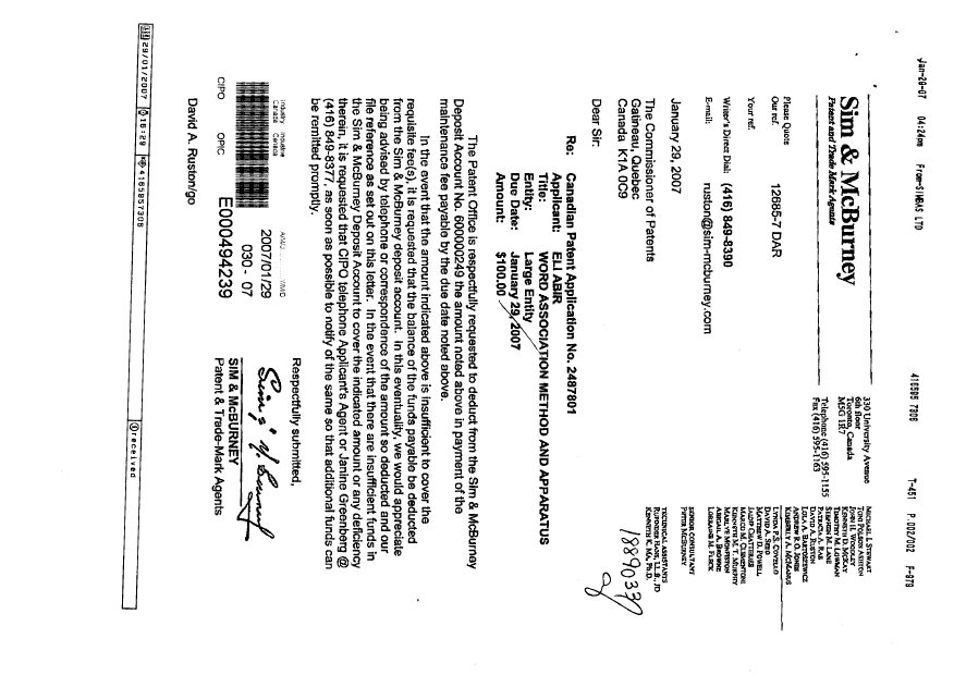 Document de brevet canadien 2487801. Taxes 20070129. Image 1 de 2