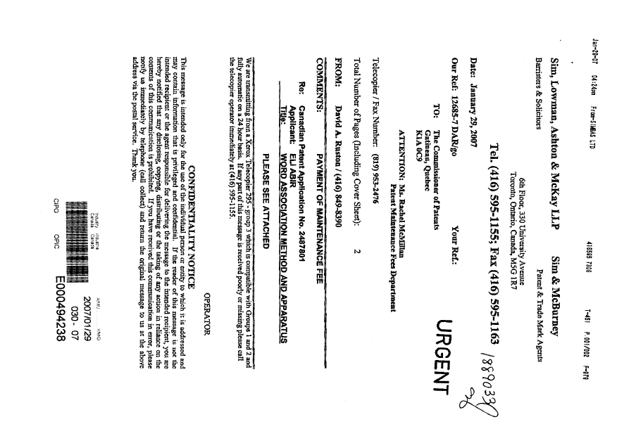 Canadian Patent Document 2487801. Fees 20070129. Image 2 of 2
