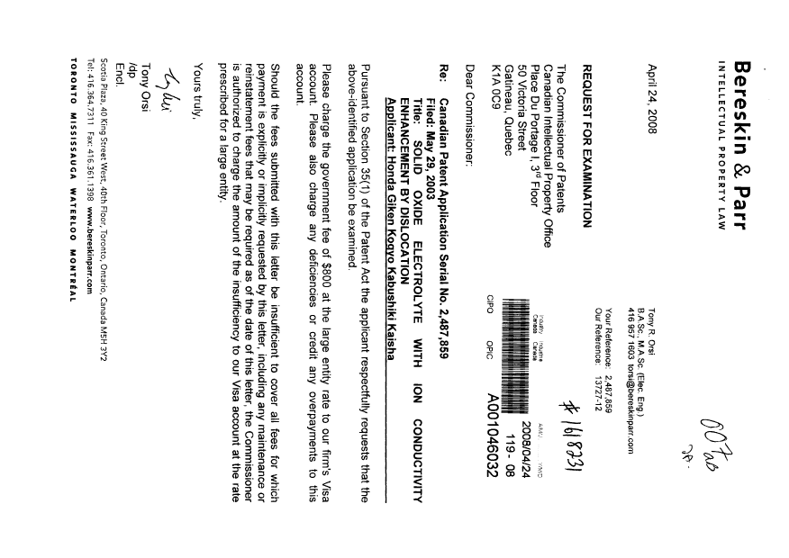 Document de brevet canadien 2487859. Poursuite-Amendment 20080424. Image 1 de 1