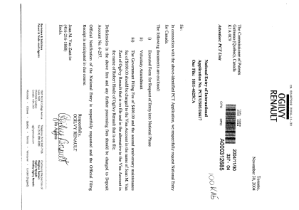 Document de brevet canadien 2487918. Cession 20041130. Image 1 de 2