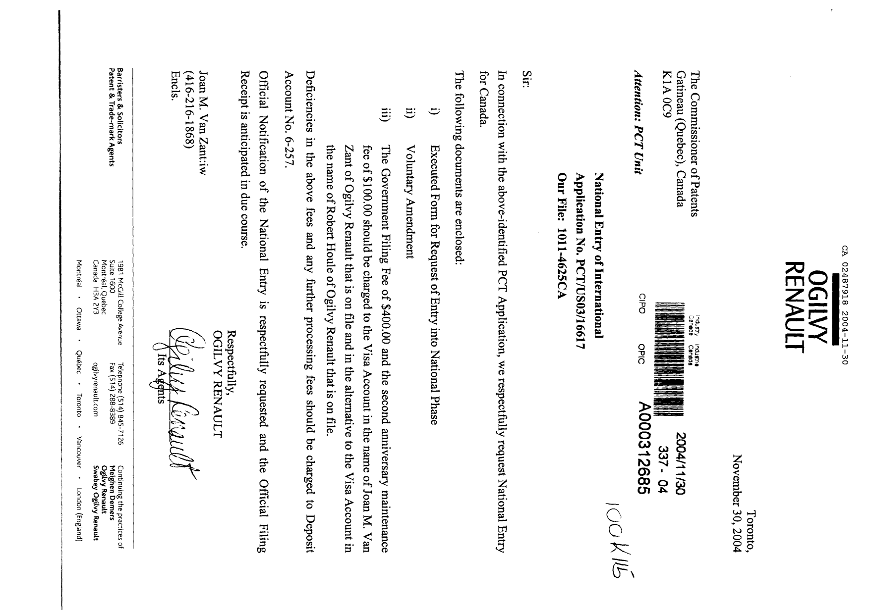 Document de brevet canadien 2487918. Cession 20041130. Image 1 de 2