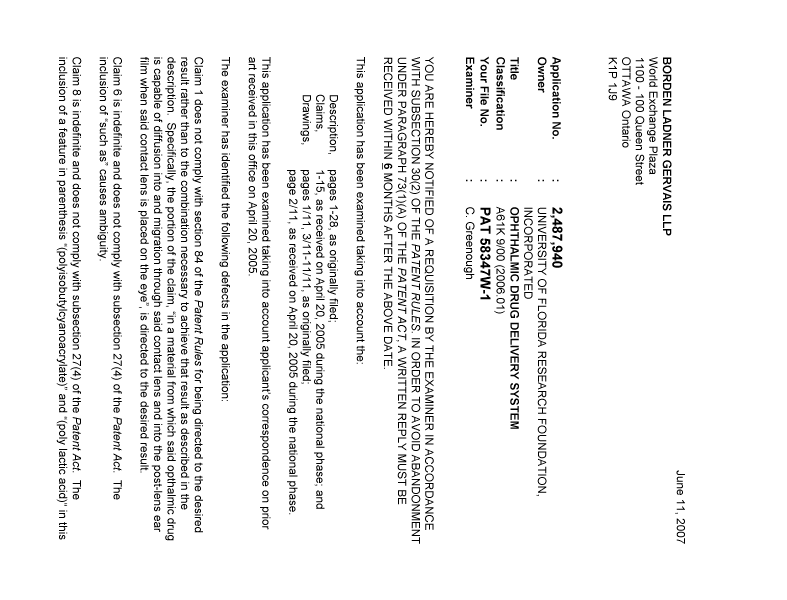 Document de brevet canadien 2487940. Poursuite-Amendment 20061211. Image 1 de 2