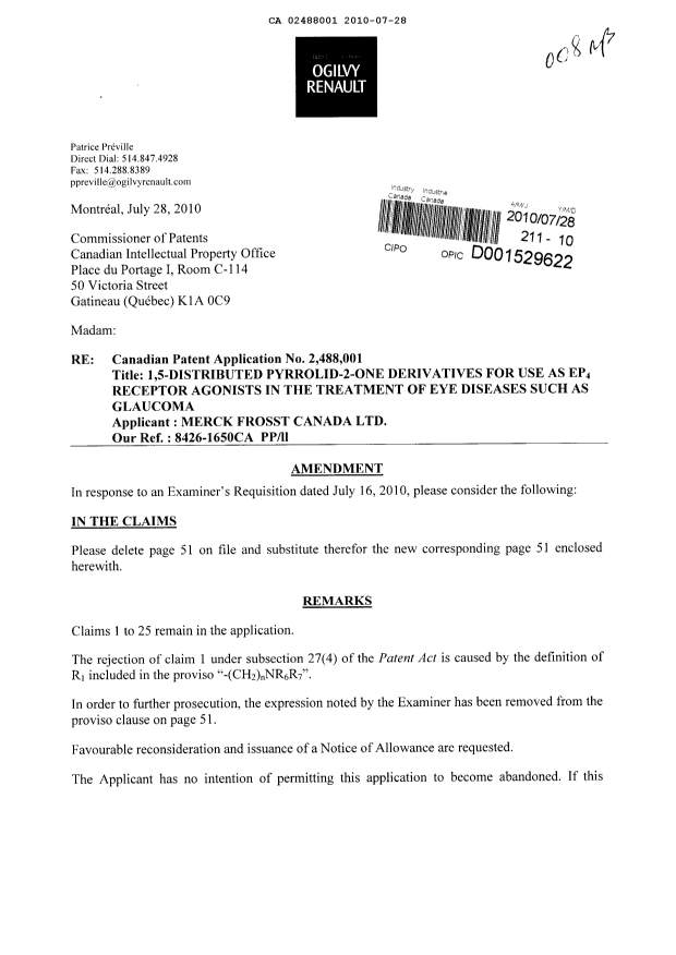 Document de brevet canadien 2488001. Poursuite-Amendment 20100728. Image 1 de 3