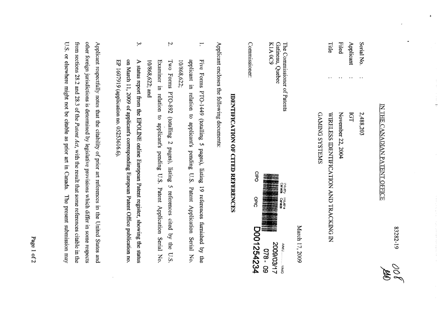 Canadian Patent Document 2488203. Prosecution-Amendment 20090317. Image 1 of 2