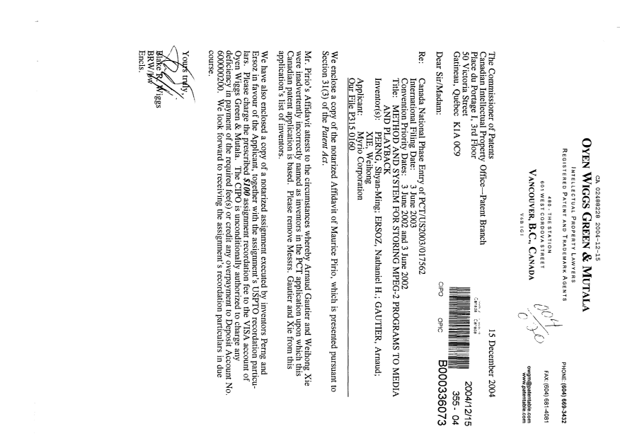 Document de brevet canadien 2488228. Correspondance 20041215. Image 1 de 7
