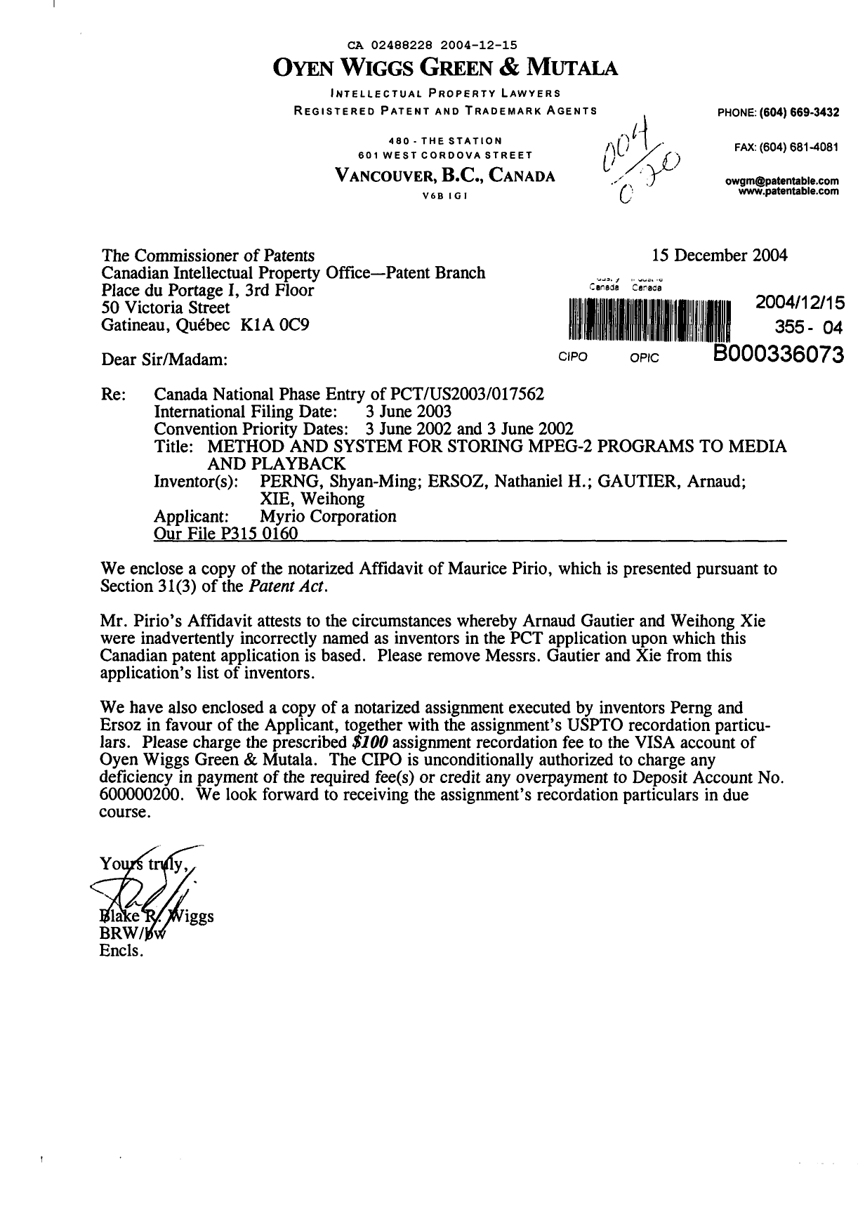 Document de brevet canadien 2488228. Correspondance 20041215. Image 1 de 7