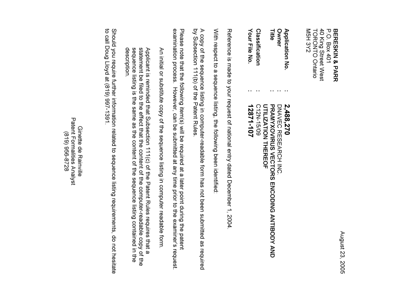 Document de brevet canadien 2488270. Correspondance 20050816. Image 1 de 1