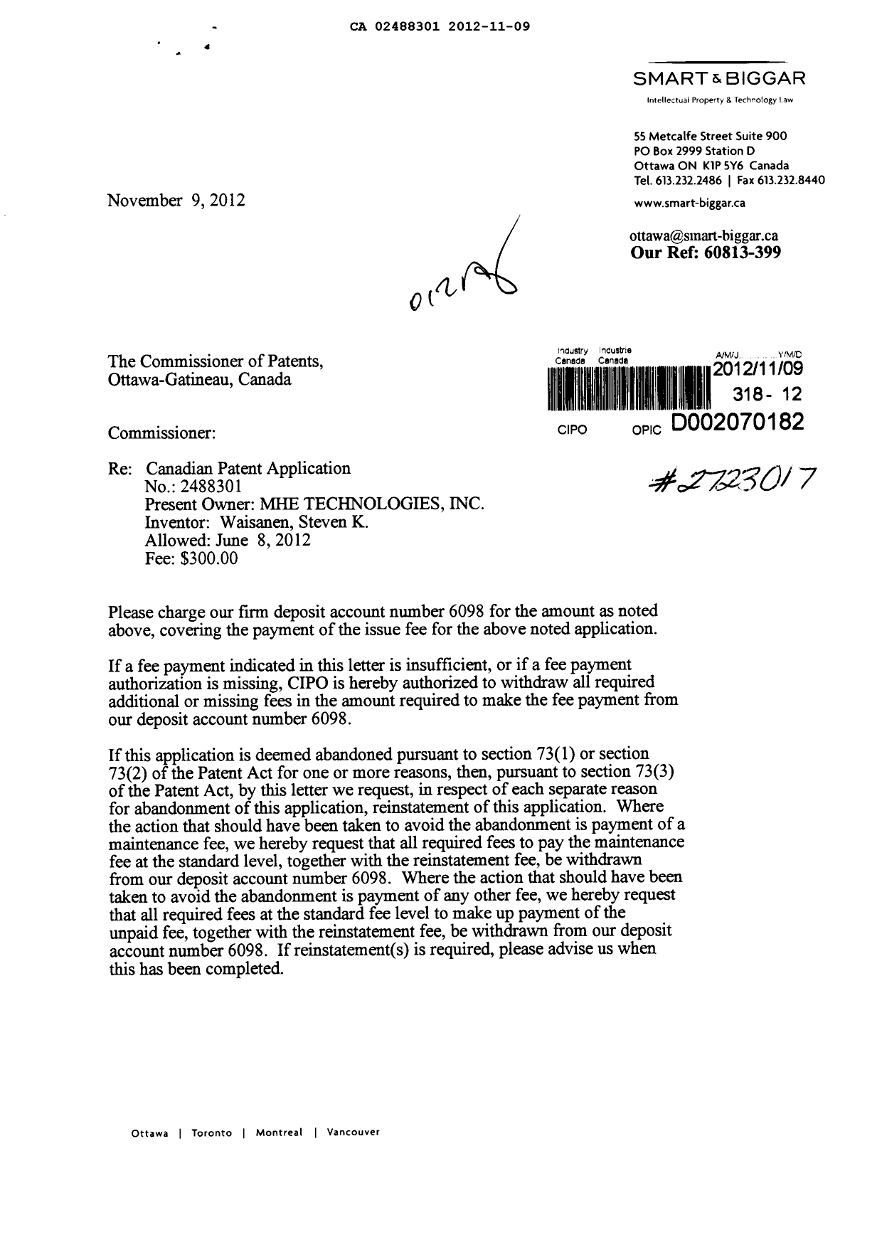 Document de brevet canadien 2488301. Correspondance 20121109. Image 1 de 2
