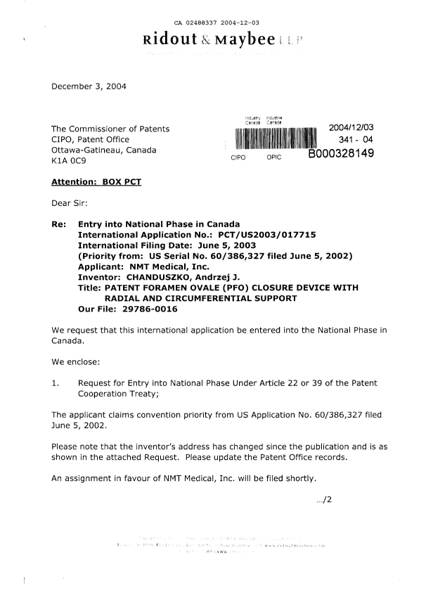 Canadian Patent Document 2488337. Assignment 20041203. Image 1 of 4