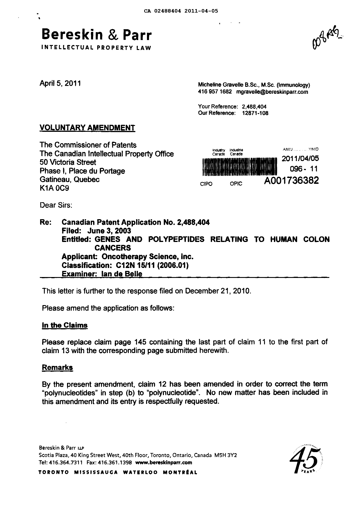 Document de brevet canadien 2488404. Poursuite-Amendment 20110405. Image 1 de 3