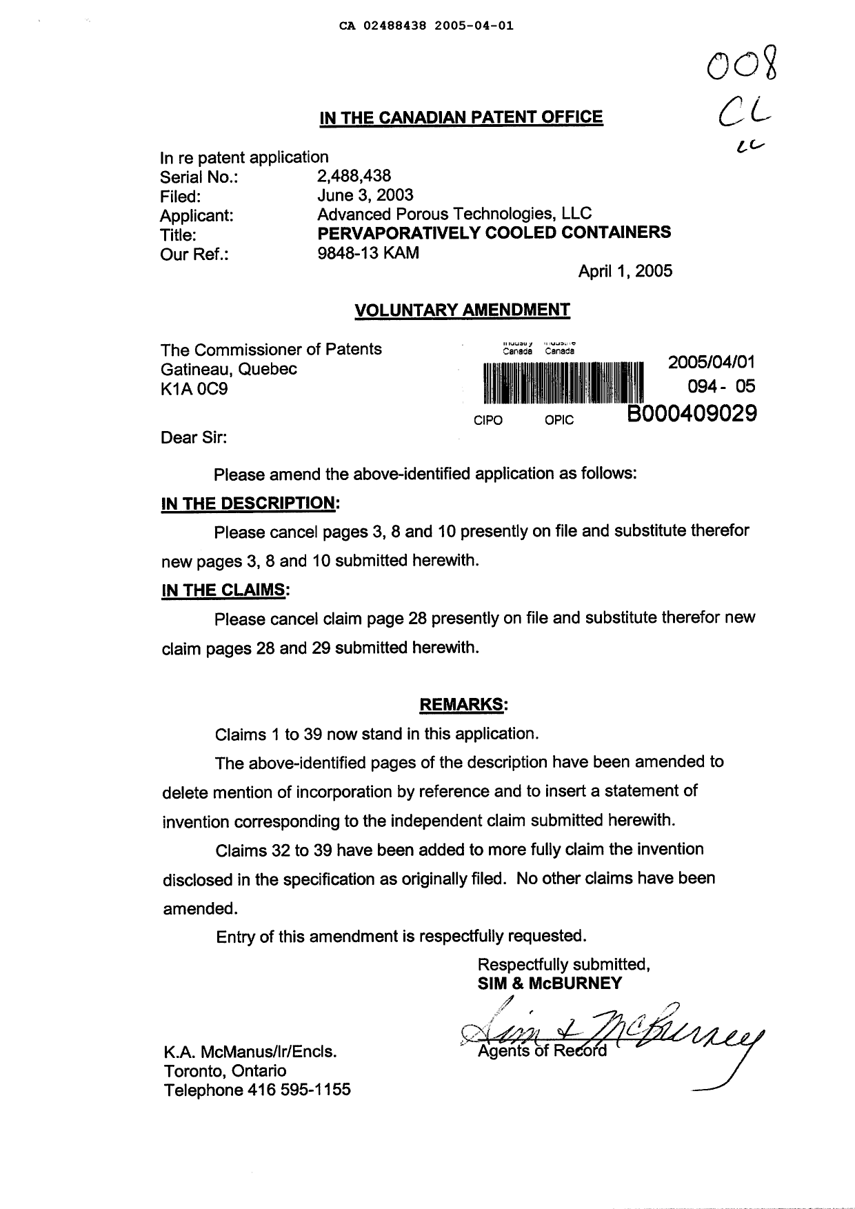 Canadian Patent Document 2488438. Prosecution-Amendment 20050401. Image 1 of 6
