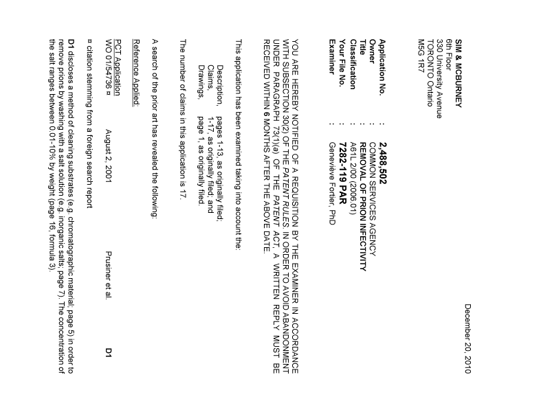 Document de brevet canadien 2488502. Poursuite-Amendment 20101220. Image 1 de 3