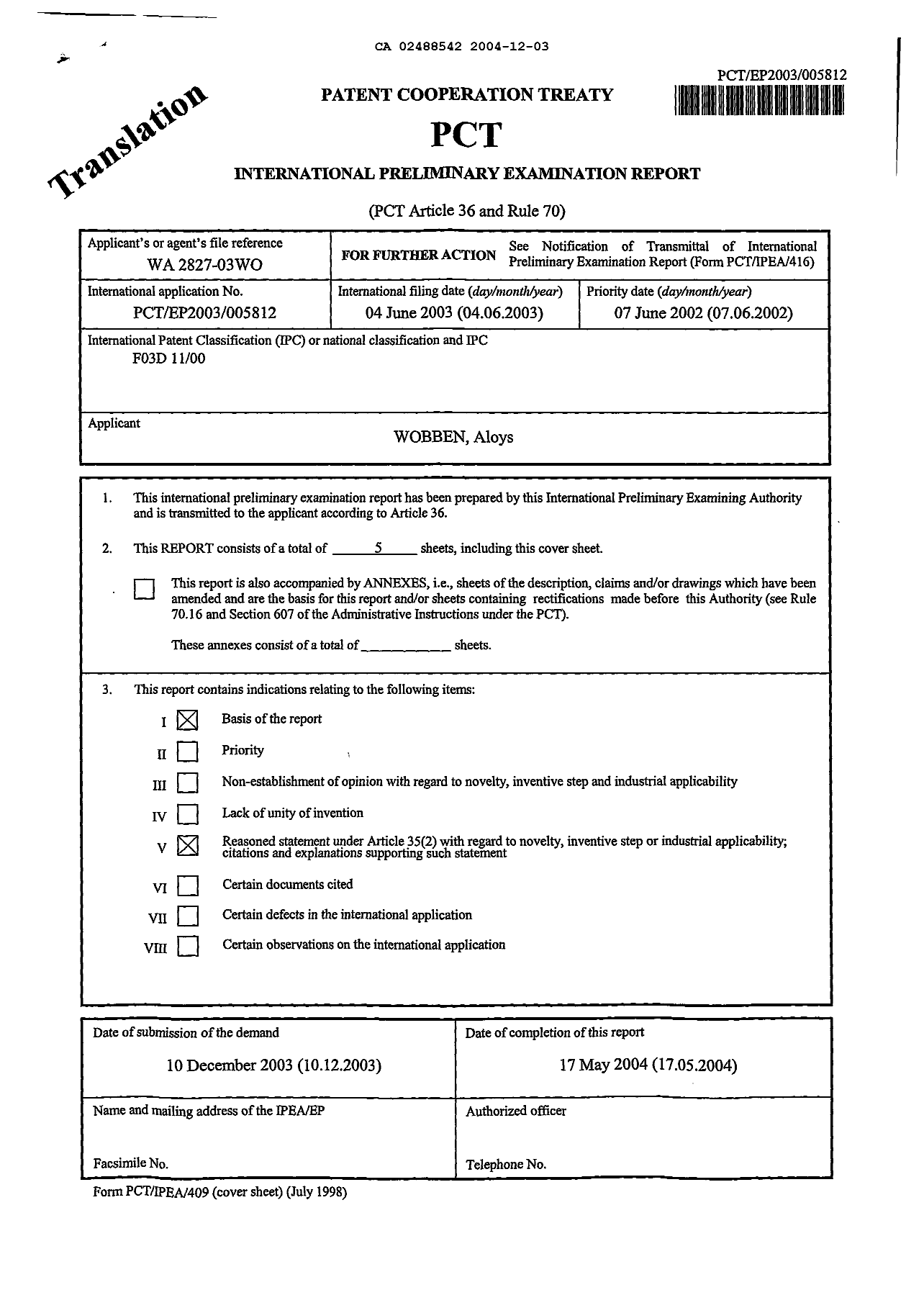 Document de brevet canadien 2488542. PCT 20041203. Image 1 de 4
