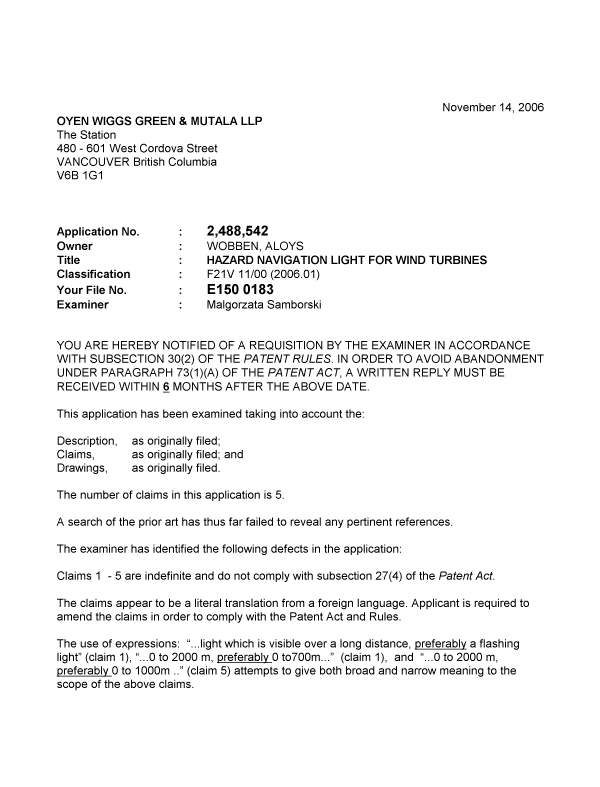 Document de brevet canadien 2488542. Poursuite-Amendment 20061114. Image 1 de 2