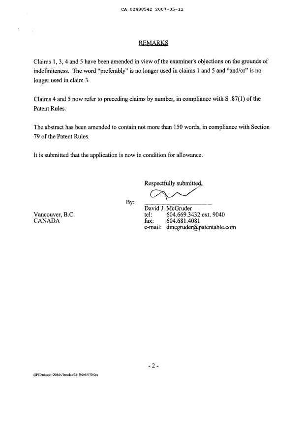 Document de brevet canadien 2488542. Poursuite-Amendment 20070511. Image 2 de 5