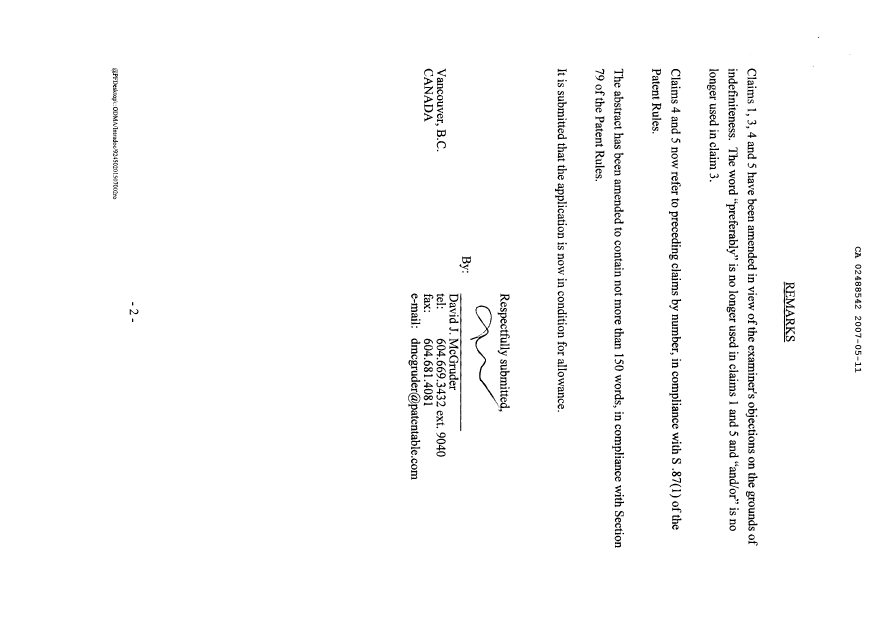 Canadian Patent Document 2488542. Prosecution-Amendment 20070511. Image 2 of 5