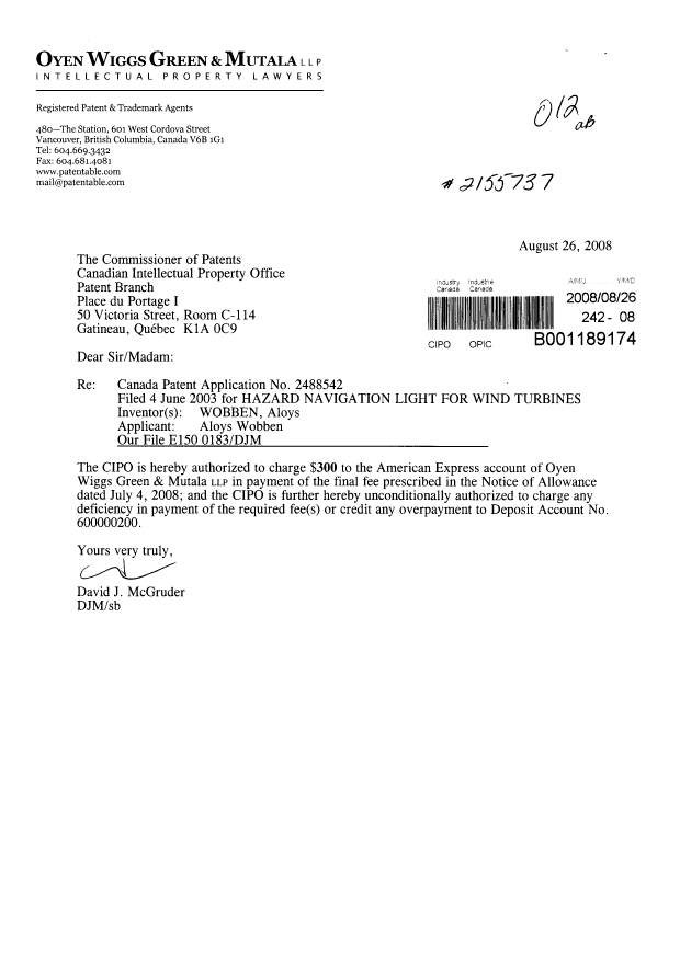 Document de brevet canadien 2488542. Correspondance 20080826. Image 1 de 1