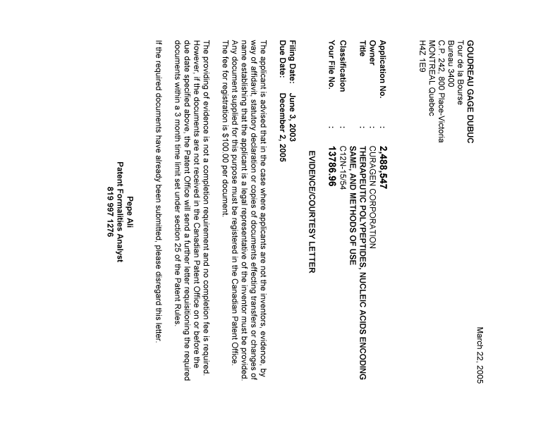 Document de brevet canadien 2488547. Correspondance 20050315. Image 1 de 1