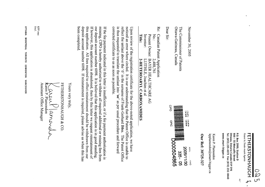 Document de brevet canadien 2488761. Cession 20051130. Image 1 de 2