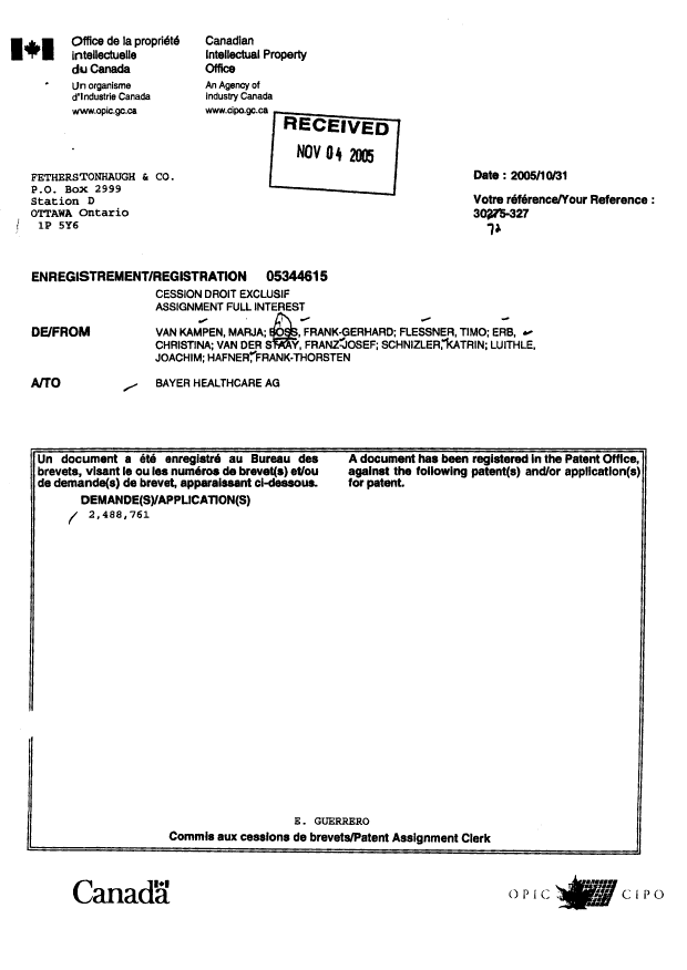 Document de brevet canadien 2488761. Cession 20051130. Image 2 de 2