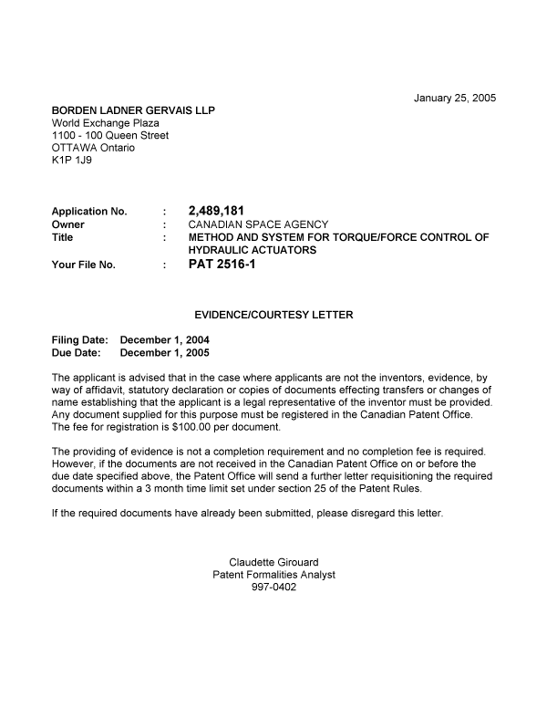 Canadian Patent Document 2489181. Correspondence 20050119. Image 1 of 1
