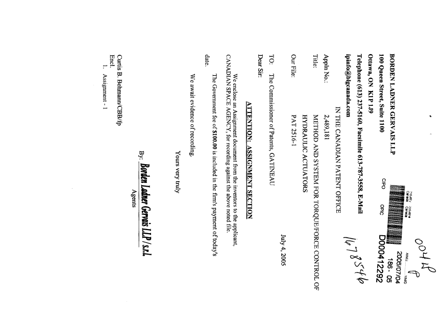 Document de brevet canadien 2489181. Cession 20050704. Image 1 de 3