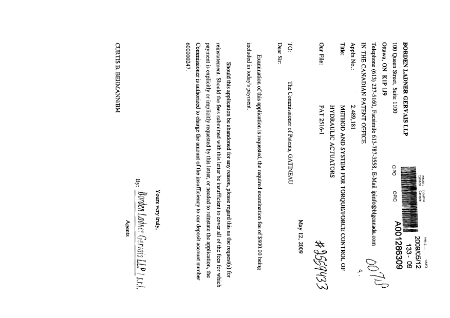 Document de brevet canadien 2489181. Poursuite-Amendment 20090512. Image 1 de 1